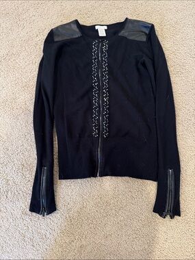 Cache Black Embellished Zip Cardigan with Leather Shoulder Detail